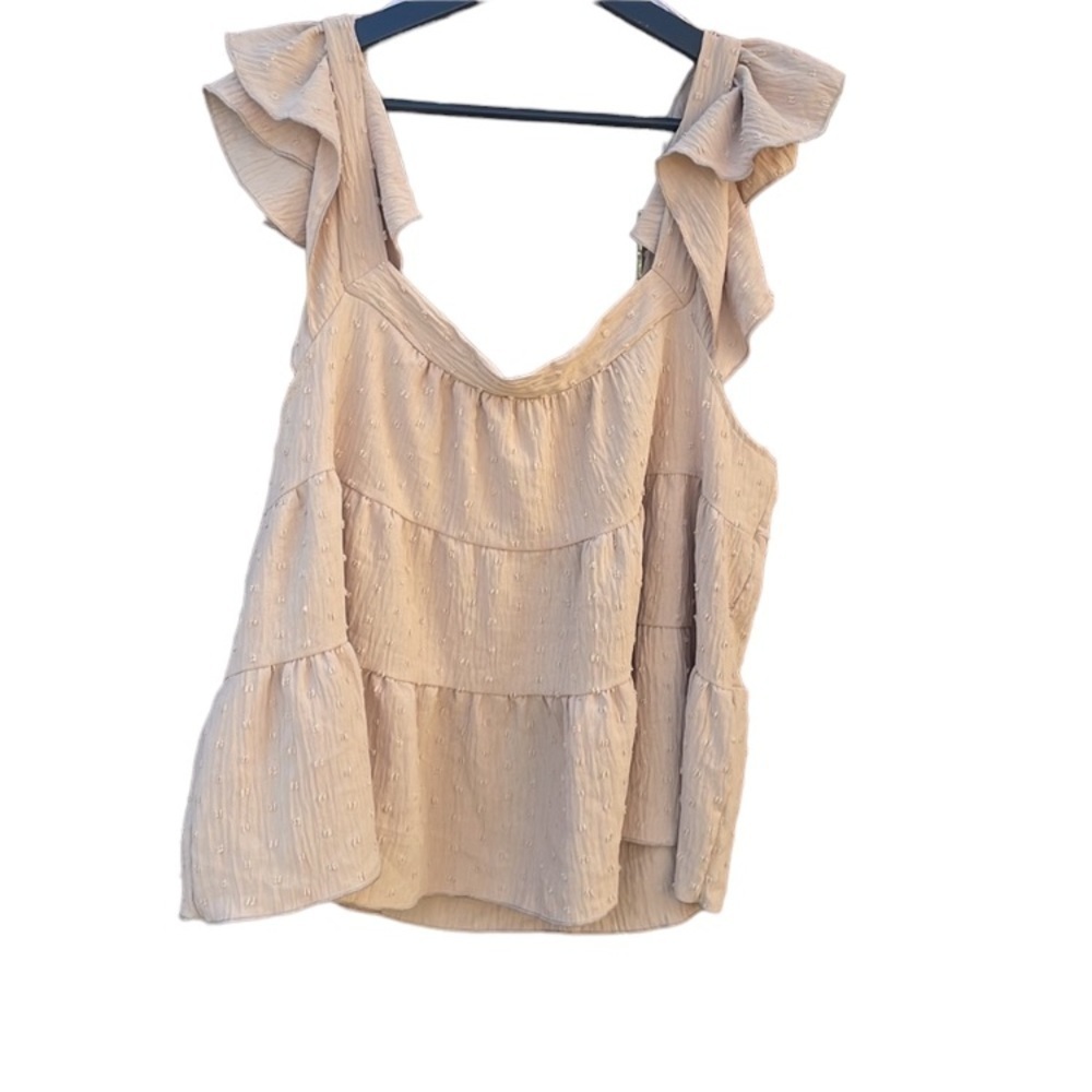 Jacquie the Label women's large sleeveless tan blouse with ruffle shoulders